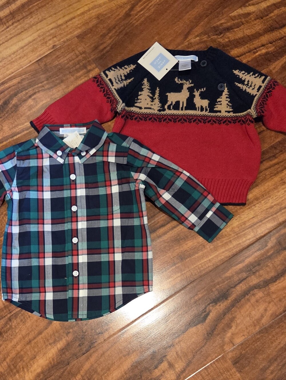 Janie and Jack NWT 3-6 Months Red/Green Plaid Button-up Shirt & Holiday Sweater